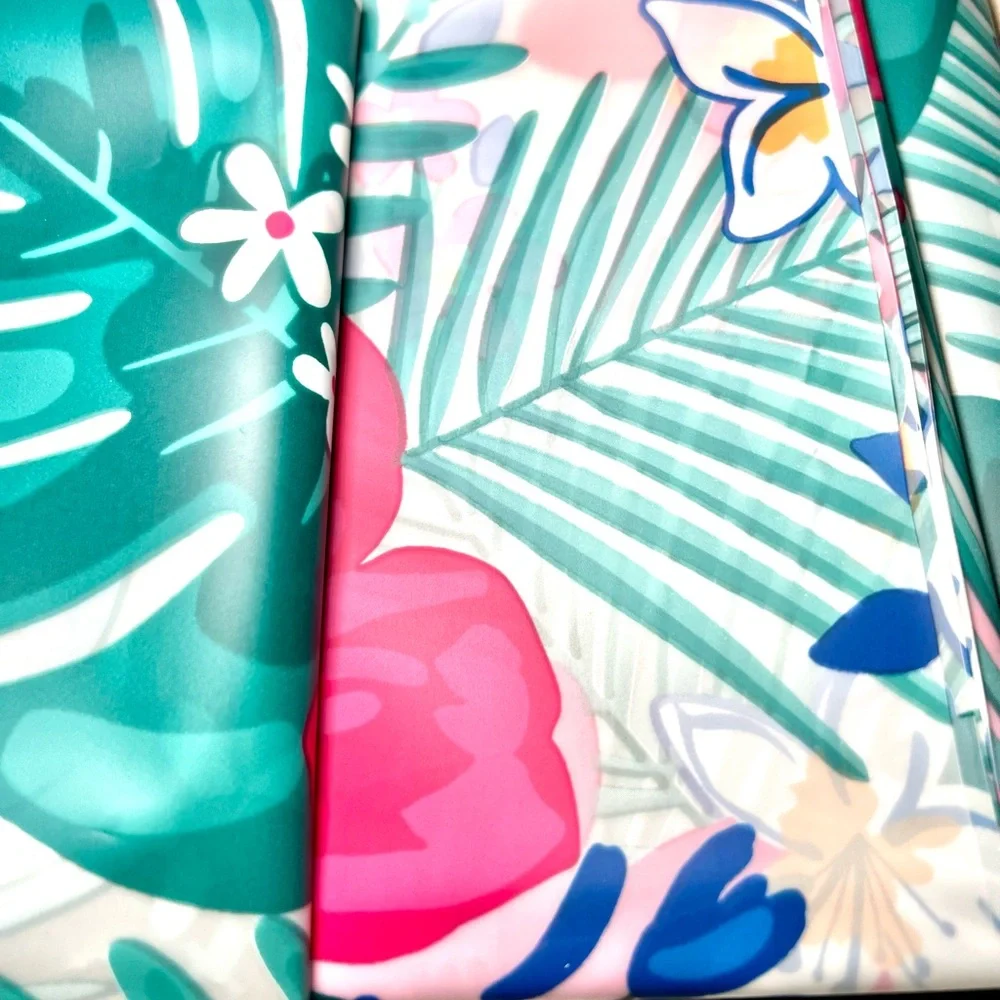 Tropical Fiesta Hibiscus Flowers & Leaves Peva Shower Curtain Pink Green